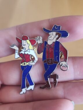 Vintage Cowboy & Cowgirl Enamel Pins - Red, Blue, White line dancing